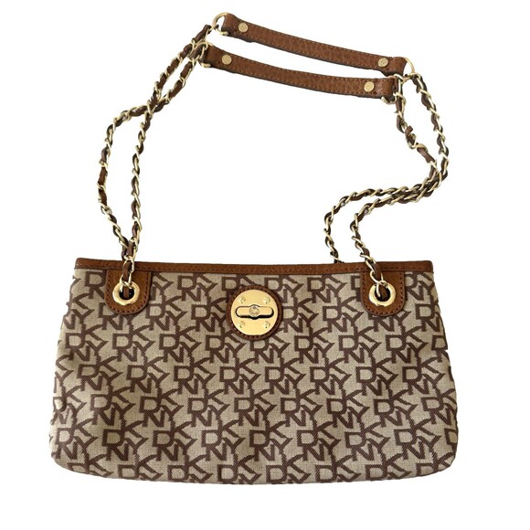 DKNY Brown Monogram Jacquard Logo Chain Strap Small Crossbody Shoulder Bag - Picture 3 of 16